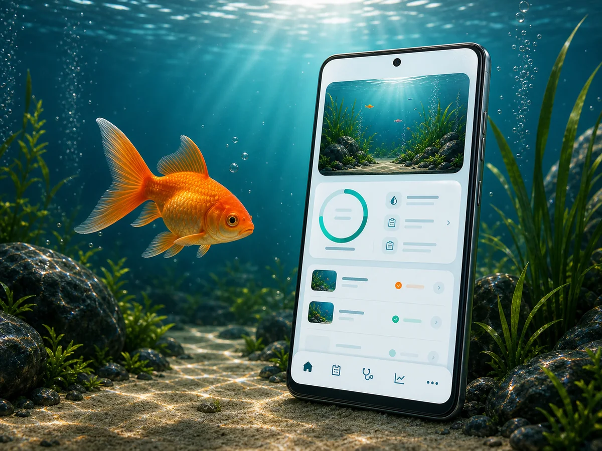 AquaShelter Android app beside a freshwater aquarium and goldfish
