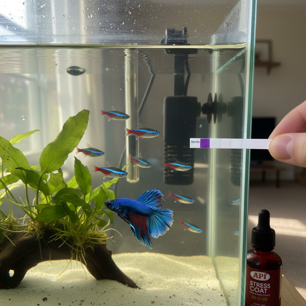 A clear 20-gallon long freshwater aquarium with healthy green plants, a few small, colorful fish, and natural light.