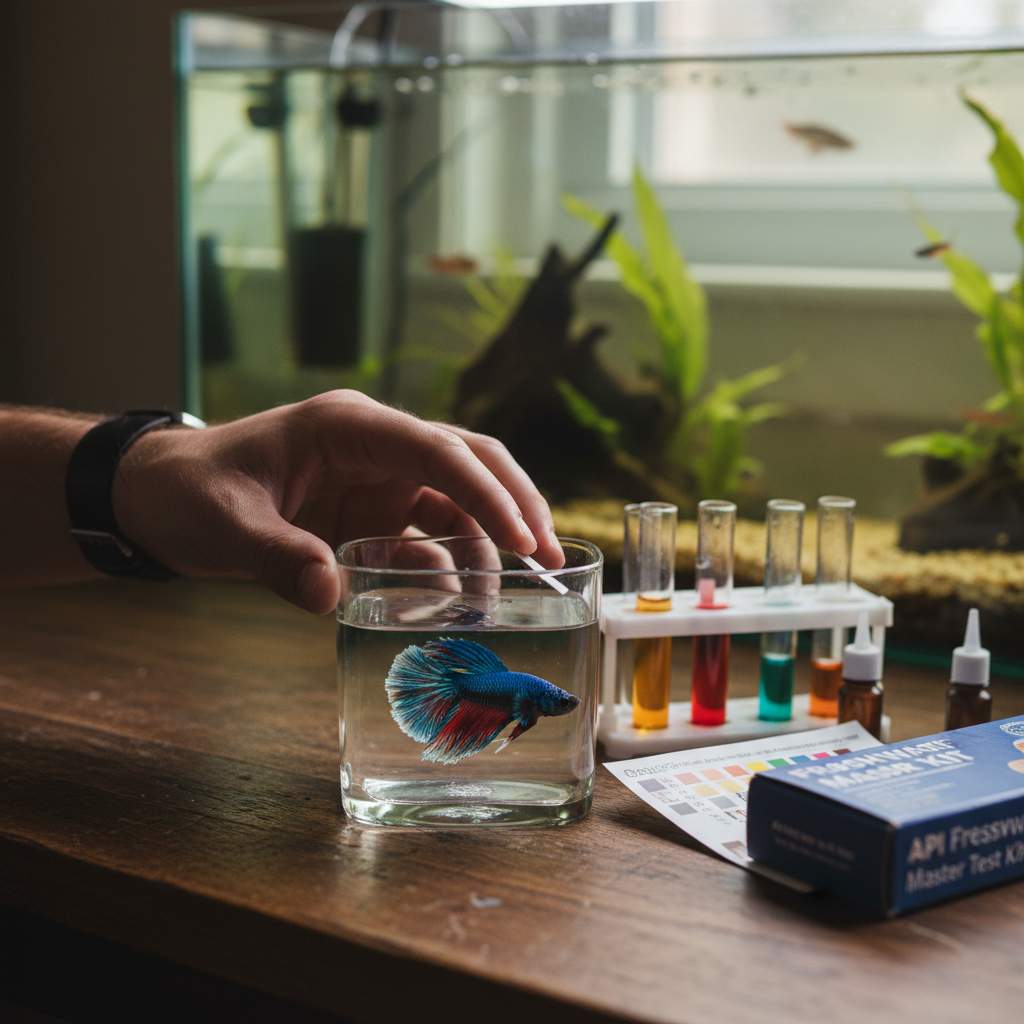 Close-up of a hand holding a water test strip next to a 20-gallon fish tank, checking water parameters.