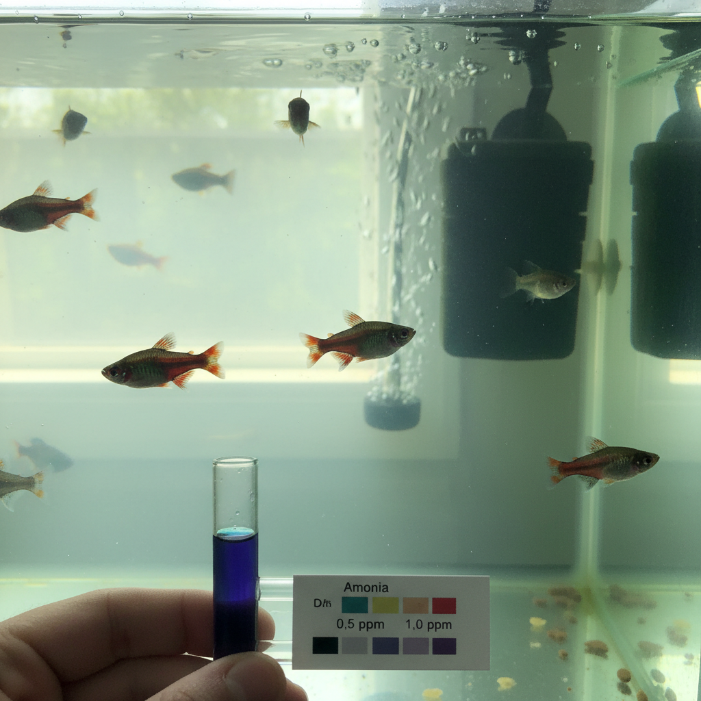 A freshwater aquarium with a few fish swimming, one of which is showing signs of stress or illness, possibly from ammonia poi
