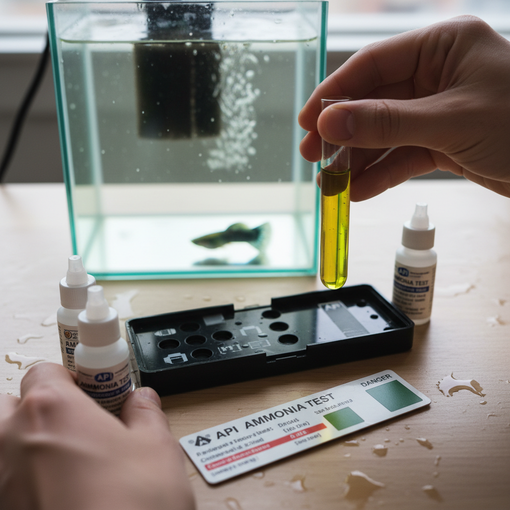 Close-up of a person using an aquarium water test kit to check ammonia levels in a fish tank.