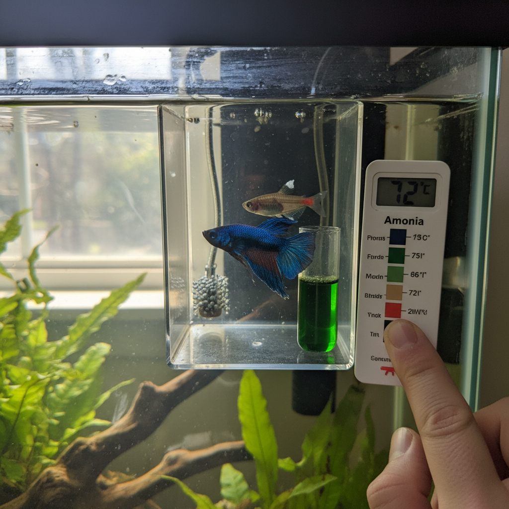 A vibrant freshwater aquarium with several healthy, colorful fish swimming among lush green plants and natural rocks.