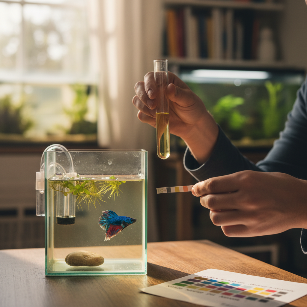Close-up of a person gently holding a small fish in a net over a quarantine tank, checking its health.