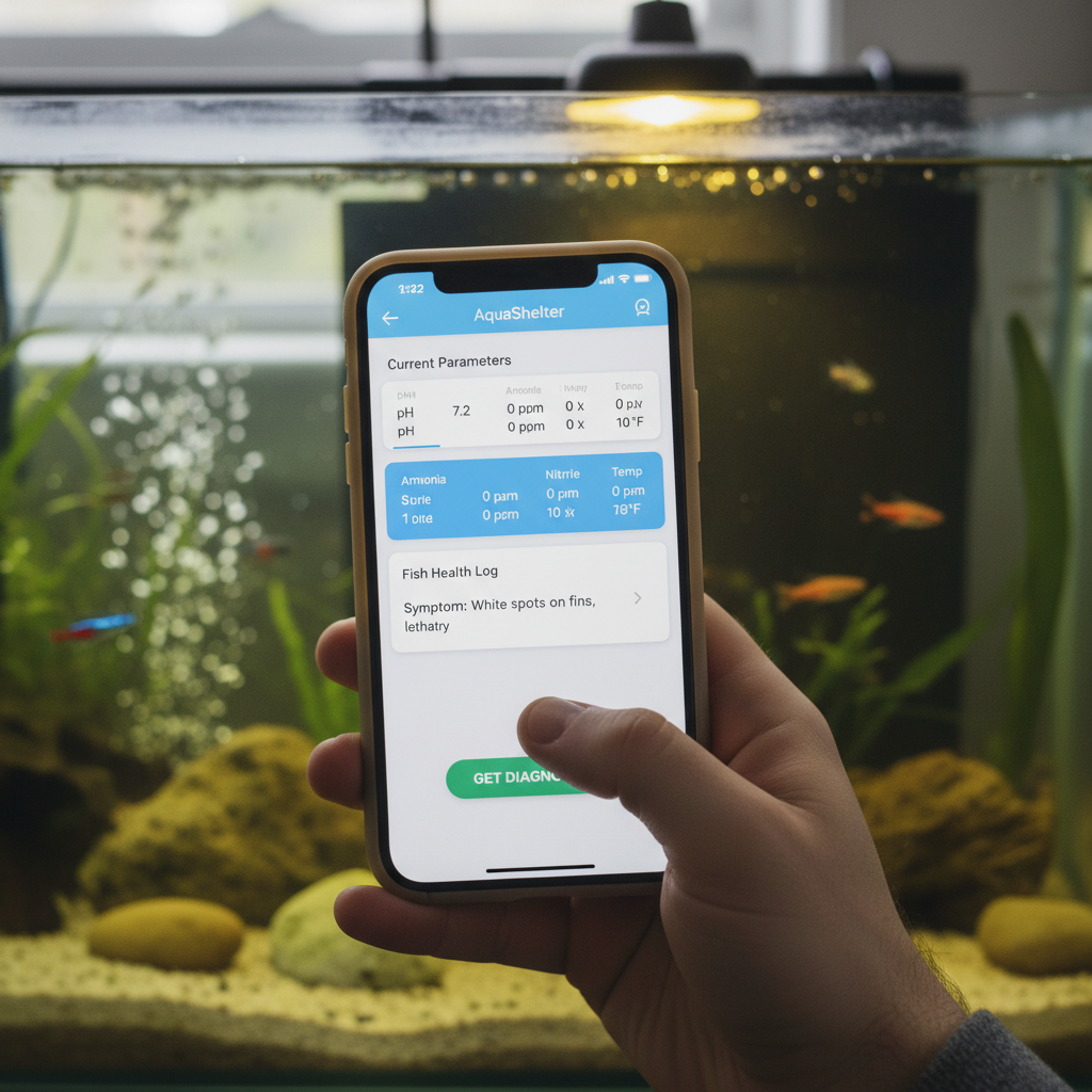 AquaShelter aquarium management software interface on a smartphone, showing fish health tracking and diagnosis features.