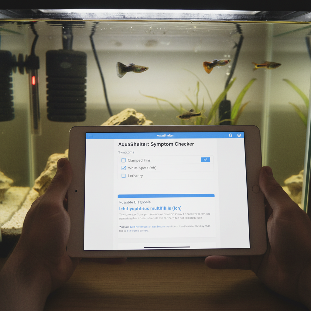 AquaShelter symptom checker on a tablet, showing selection of fish symptoms and a potential diagnosis.