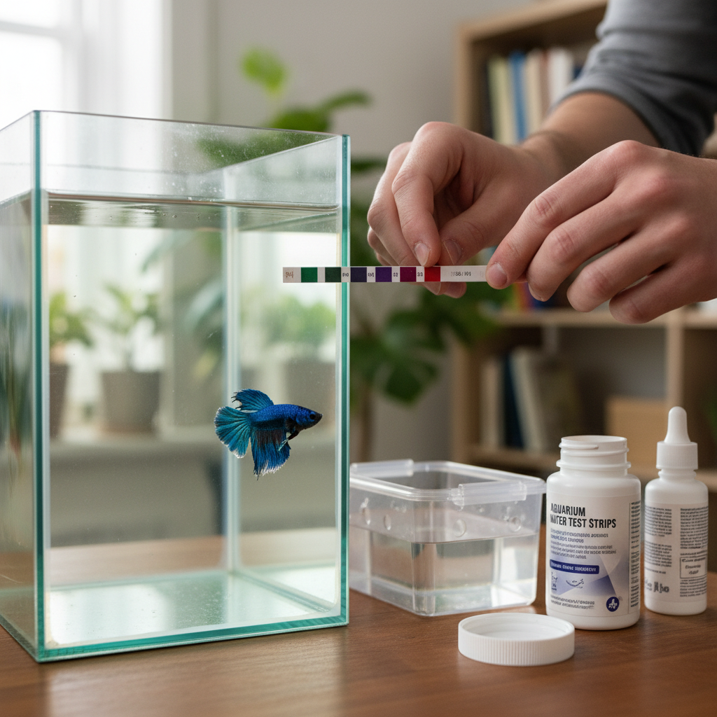Close-up of a hand holding an aquarium water test strip next to a glass of tank water, with a blurred fish tank in the backgr