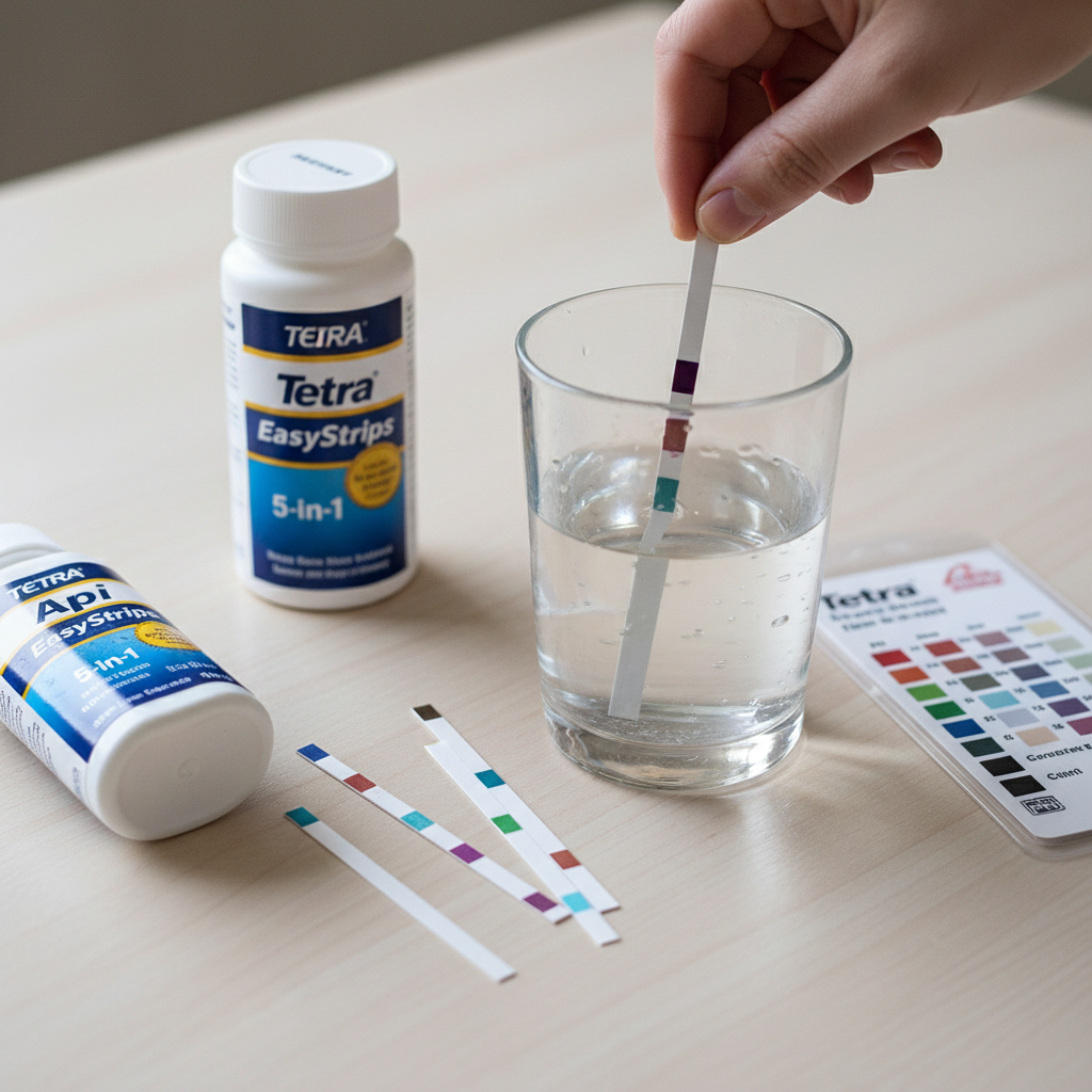 Assortment of aquarium water test strips with one being used in a fish tank water sample