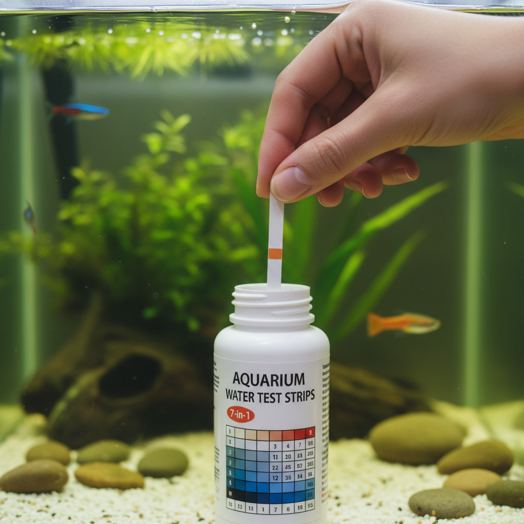 Step-by-step guide to using aquarium water test strips, showing dipping, waiting, and comparing to chart