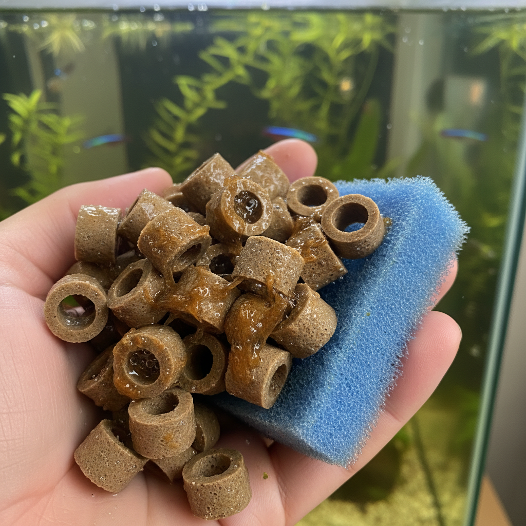 Close-up of healthy biological filter media from an aquarium filter