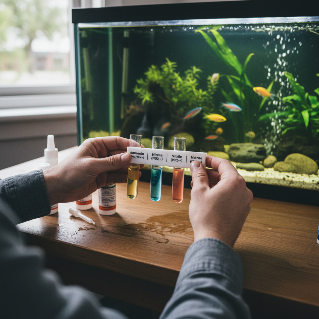 Aquarist testing aquarium water for ammonia, nitrite, and nitrate