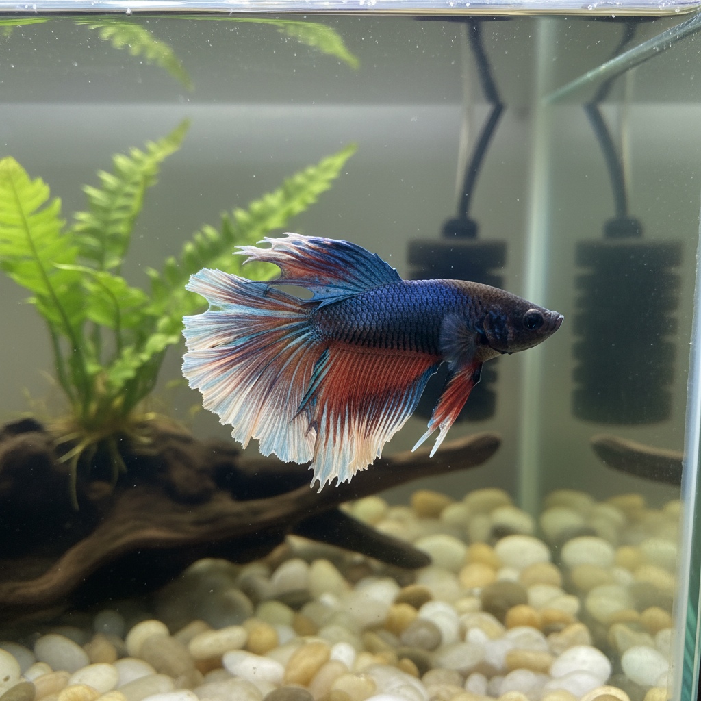 Betta fish with severe fin rot, showing frayed and discolored fins