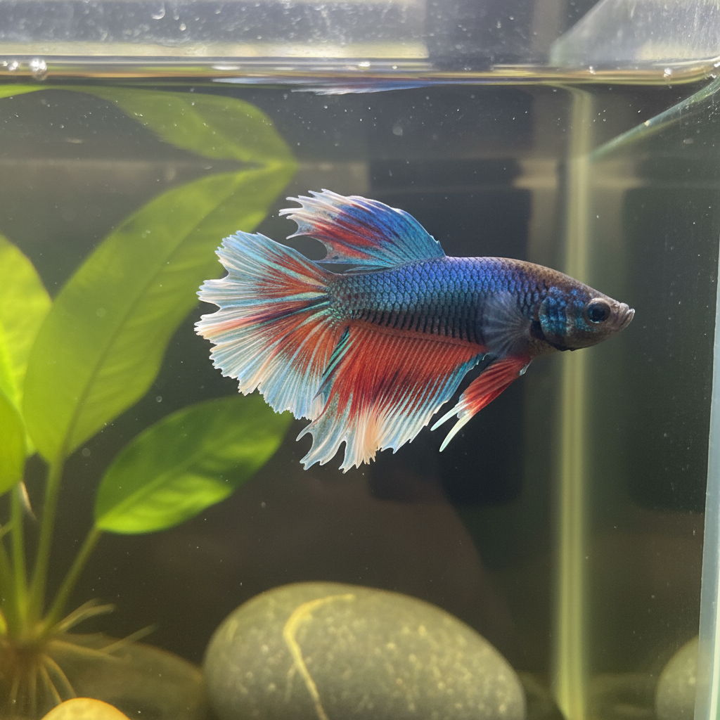 Betta fish with fin rot showing frayed fins