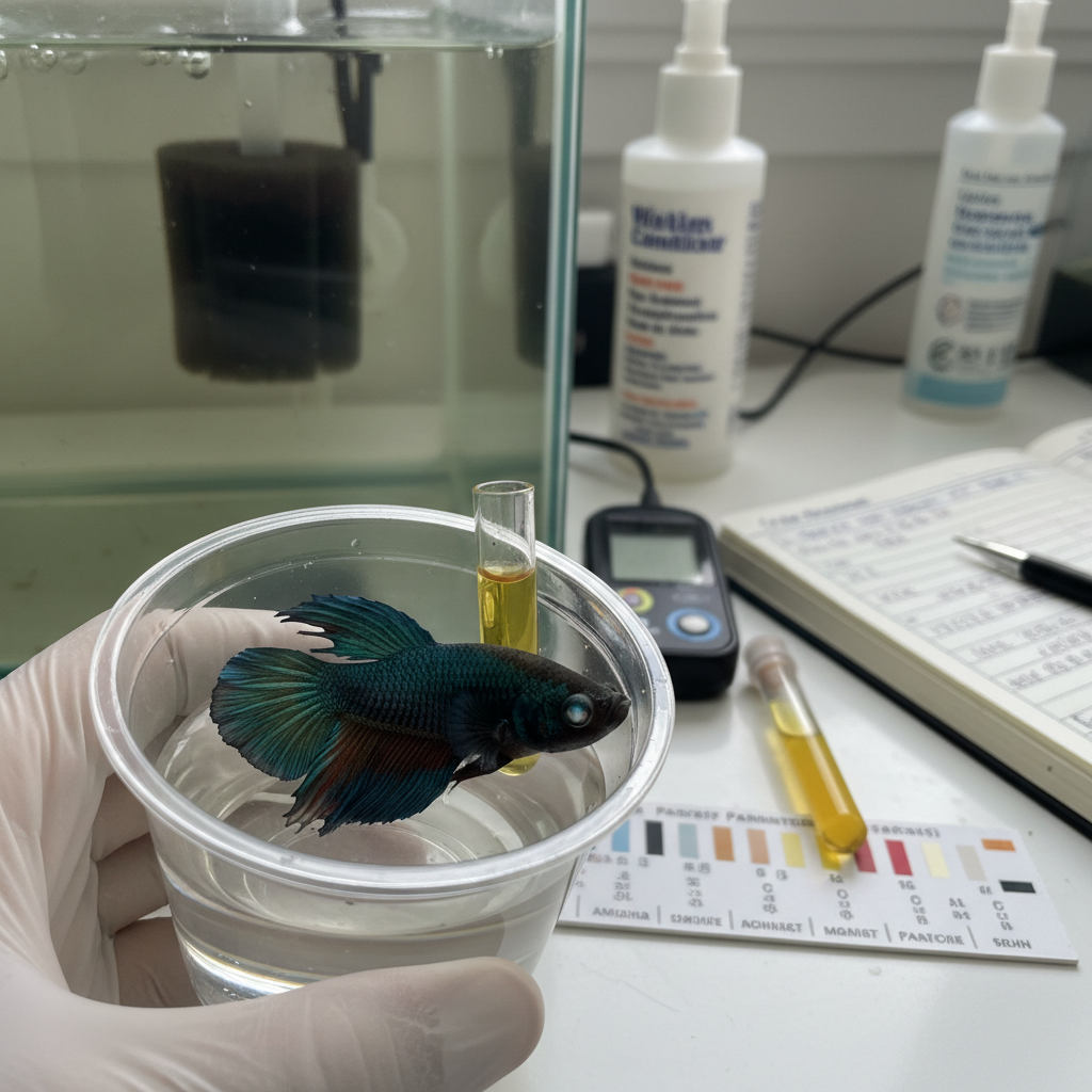 Close-up of a person gently holding a small fish in a net, inspecting its cloudy eye, with a water testing kit visible in the