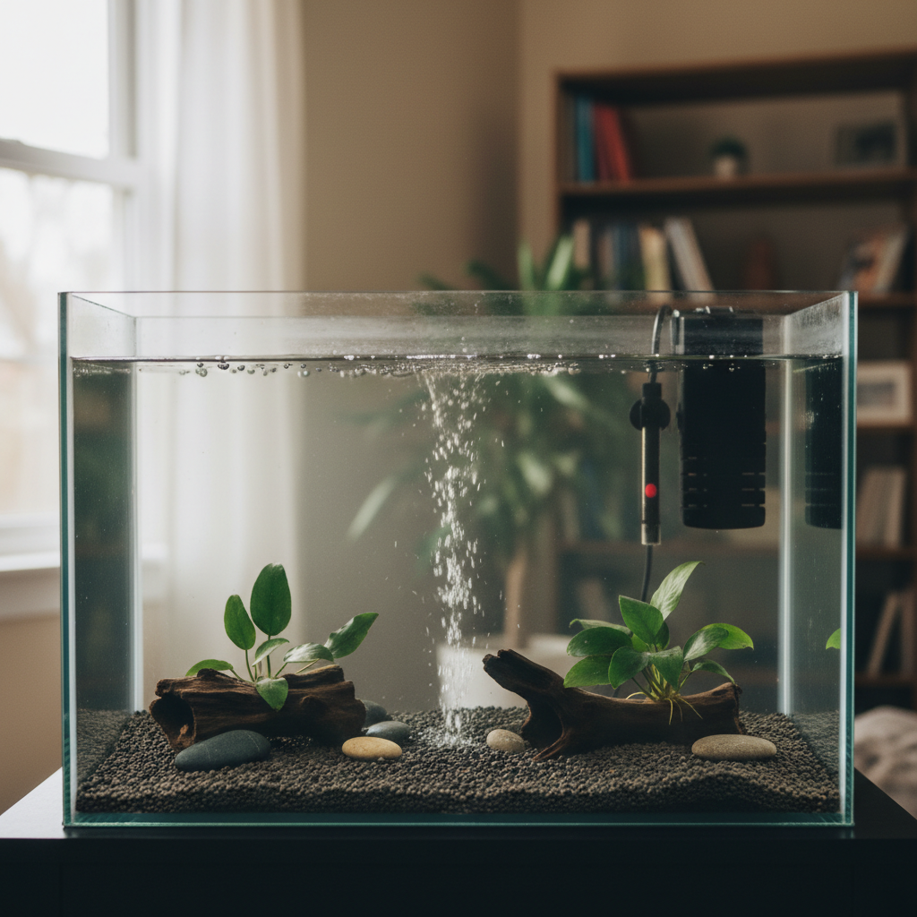 Newly set up aquarium with filter running, ready for the cycling process