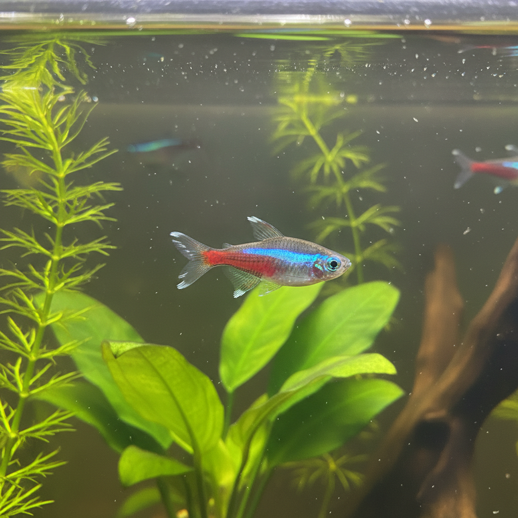 Guppy with fin rot, showing ragged fins and red streaks