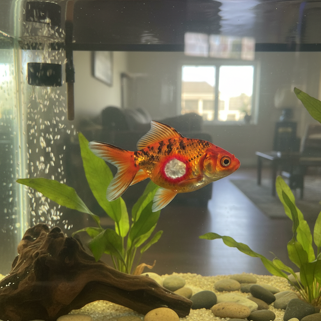 Goldfish with a bacterial ulcer on its side