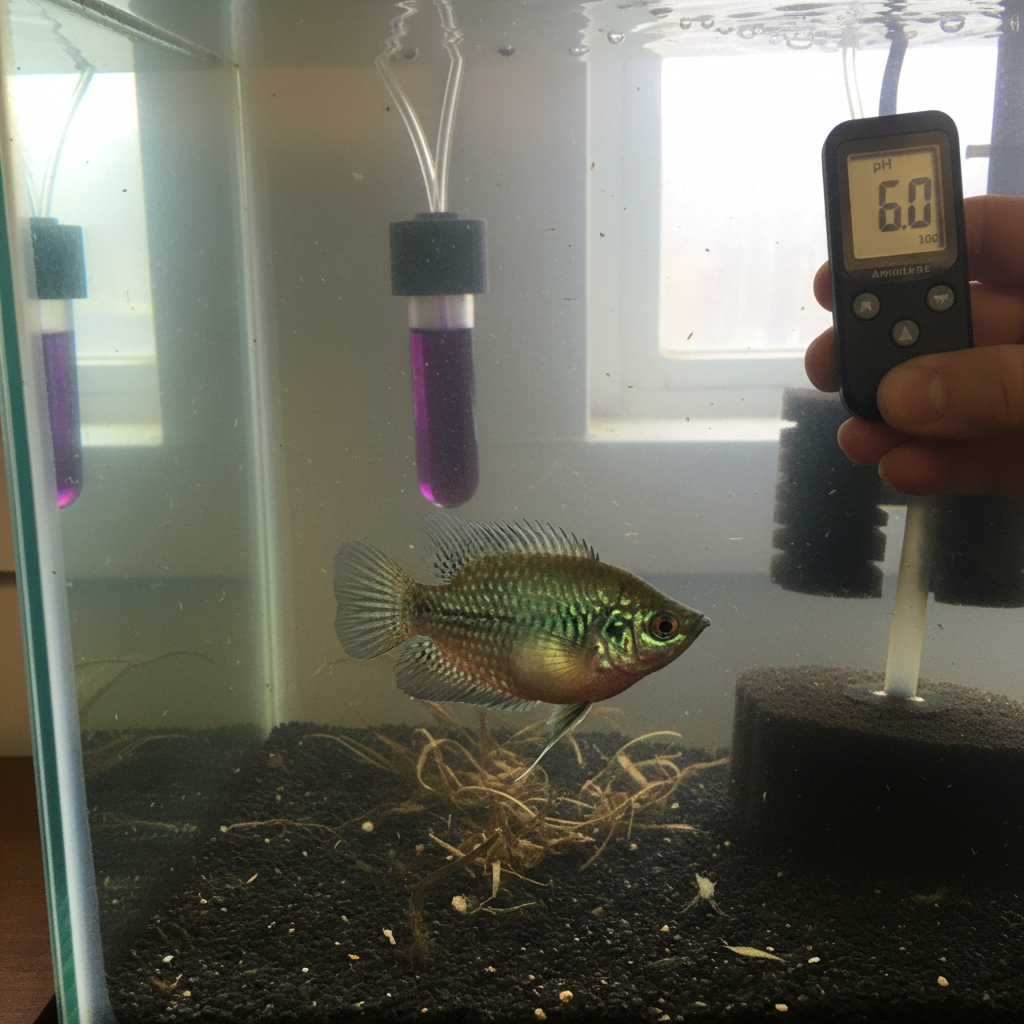 A fish with a swollen abdomen and scales protruding, resembling a pinecone, swimming in a freshwater aquarium.