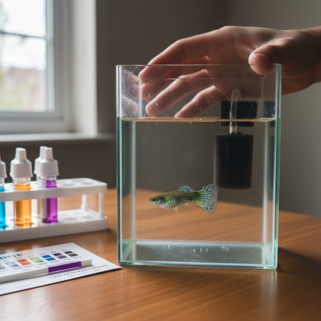 Close-up of a fish keeper observing a bloated fish in a small quarantine tank, with water testing strips nearby.