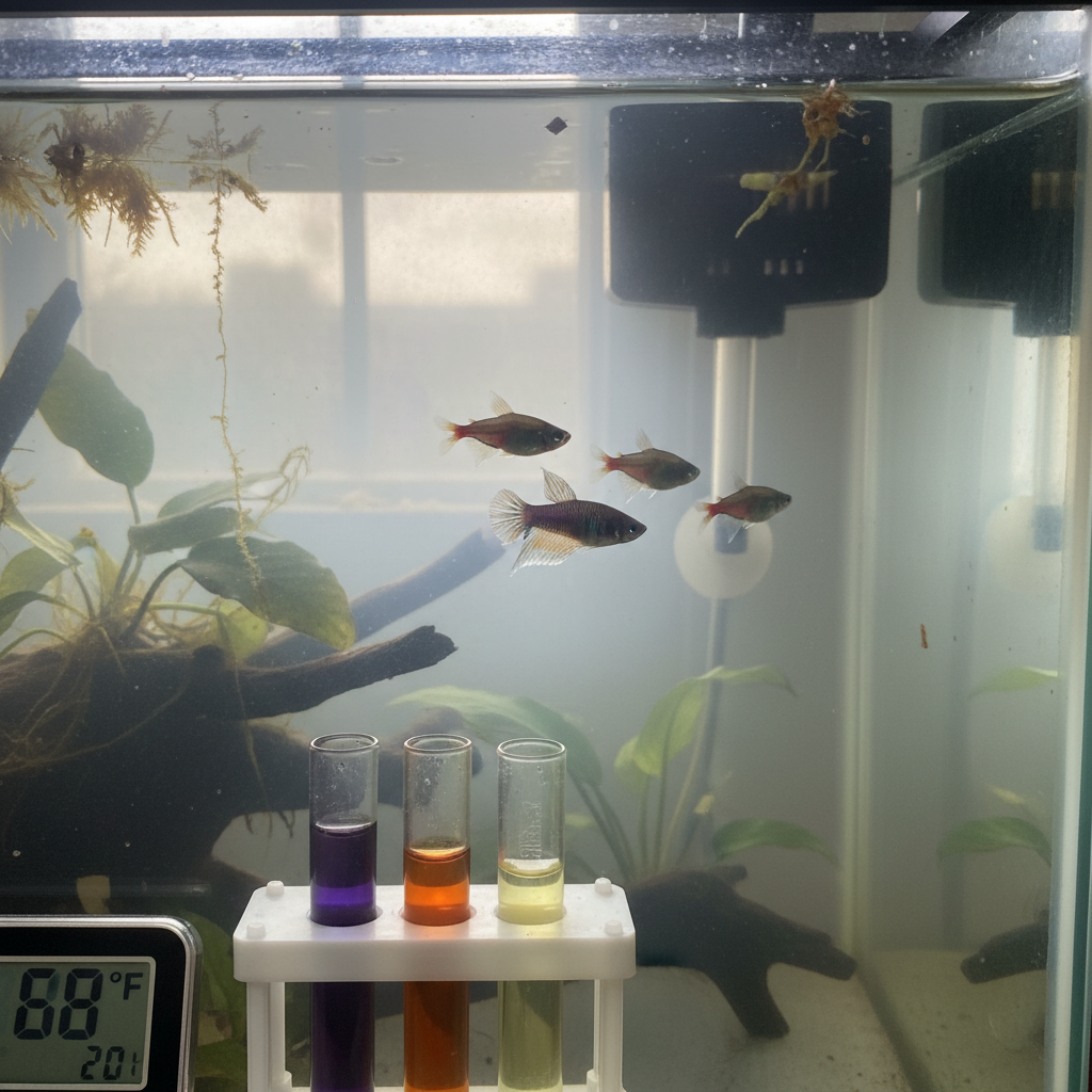 A small, pale fish with its fins held tightly against its body, swimming near the bottom of a freshwater aquarium.