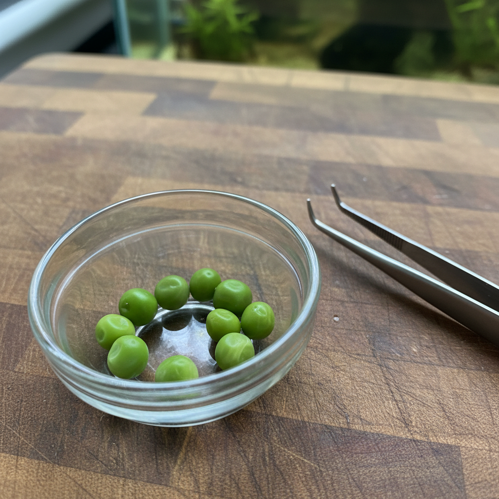 Blanched and deshelled peas cut into small pieces for feeding to a constipated fish
