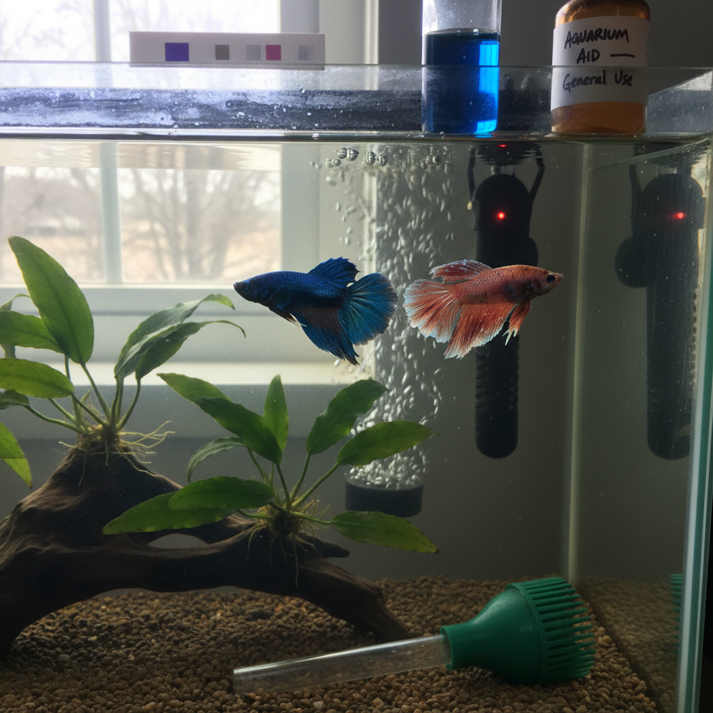 A healthy freshwater aquarium with several colorful fish swimming among green plants and natural rocks.
