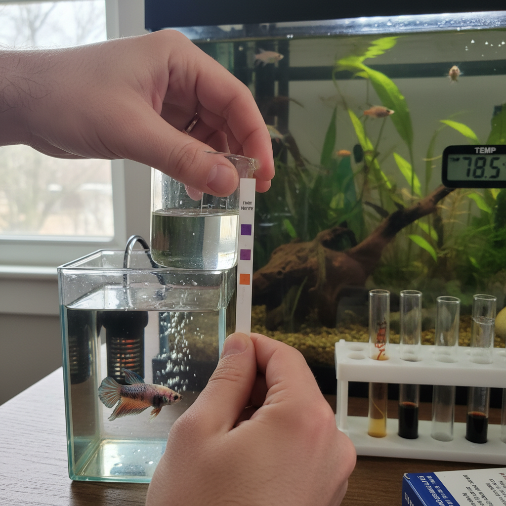 Close-up of a person using a water testing kit to check aquarium water parameters, with fish visible in the background.