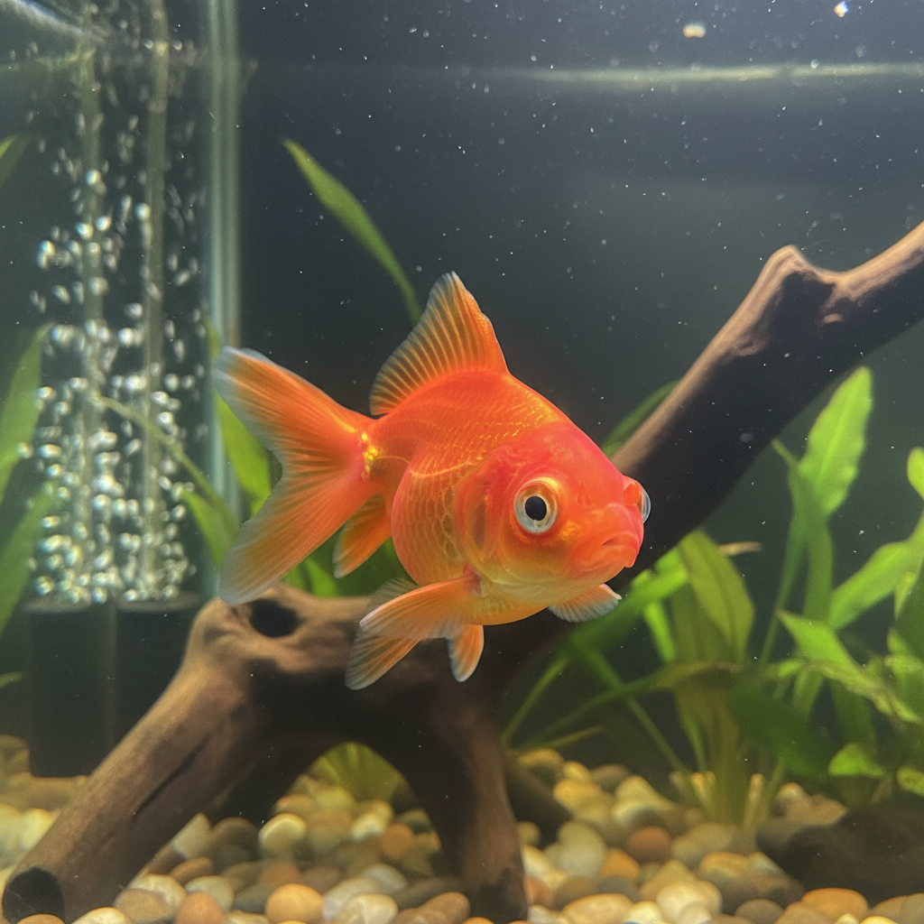 Close-up of a goldfish with a cloudy white eye