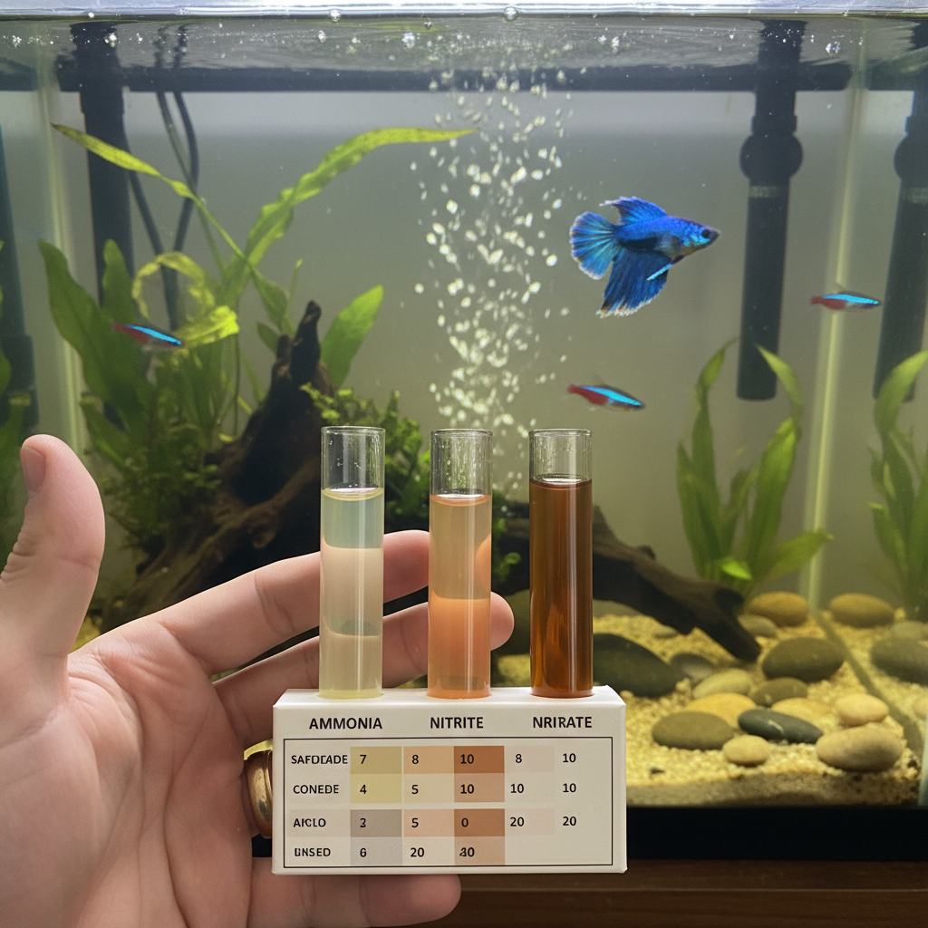 Hand holding an aquarium water test kit showing healthy parameters
