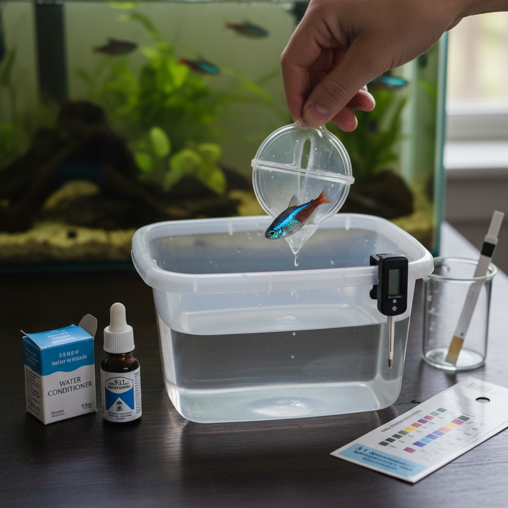 Close-up of a person's hands holding a water testing kit near an aquarium, checking water parameters.