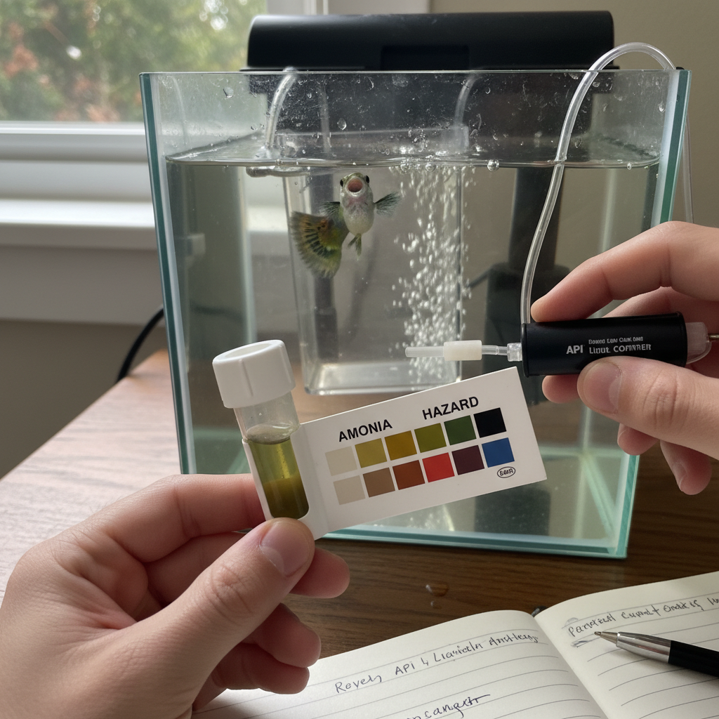 A person's hand holding a water test strip near an aquarium, checking water parameters for fish health.