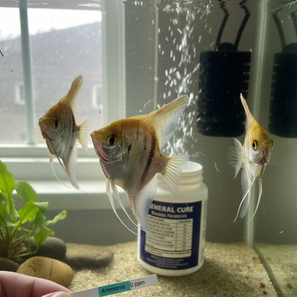 A healthy-looking freshwater aquarium with several fish swimming, illustrating a typical tank environment before gill fluke i
