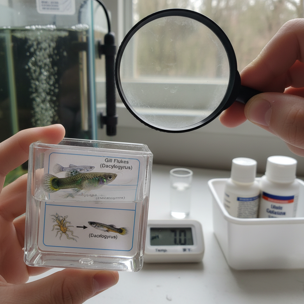 Close-up of a person observing a fish in a small, clear quarantine tank, checking for signs of illness.