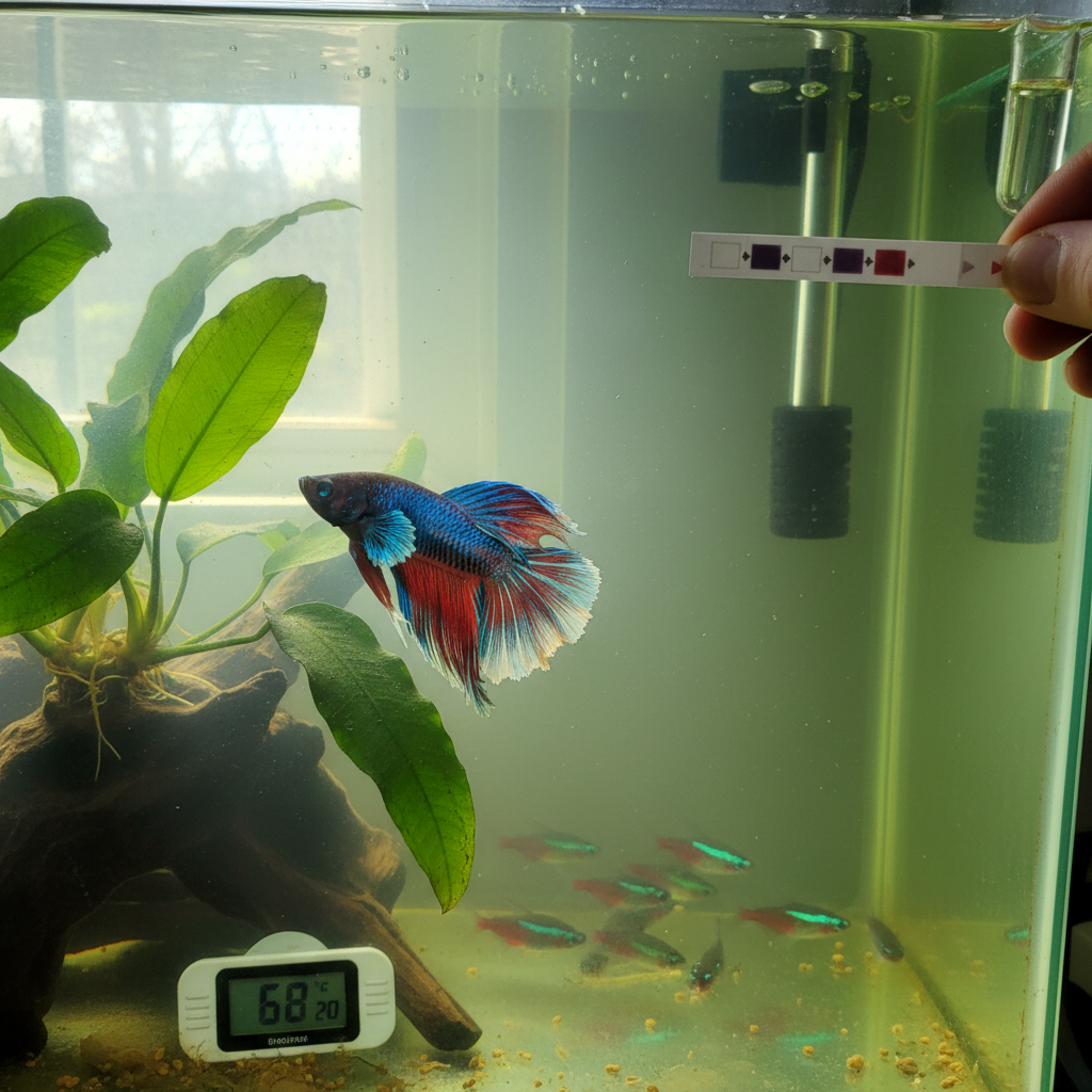 A single, small, orange-gold fish resting motionless near the bottom of a clear freshwater aquarium, partially obscured by a 
