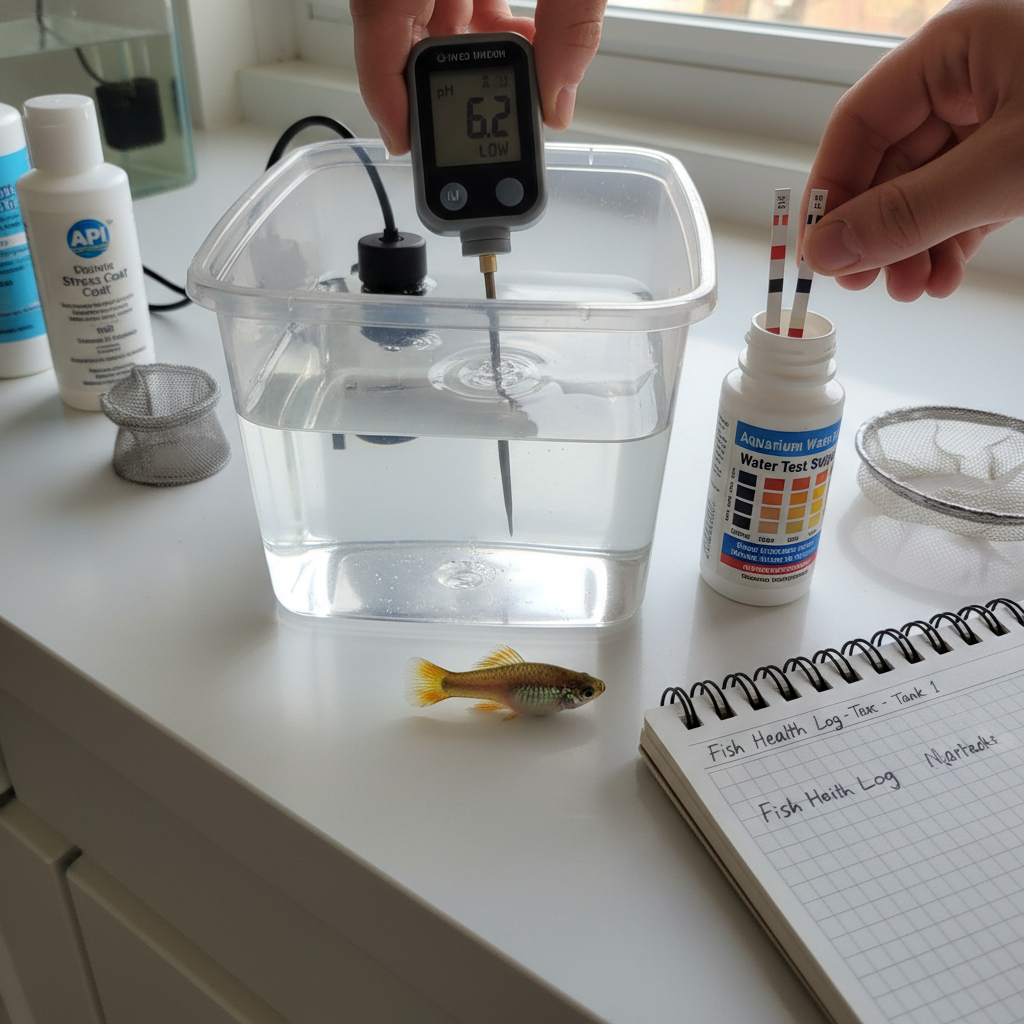 Close-up of a hand holding a water testing kit near a fish tank, checking water parameters.