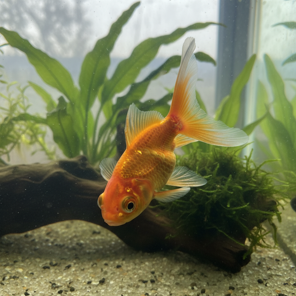Fancy goldfish swimming sideways near the bottom of an aquarium