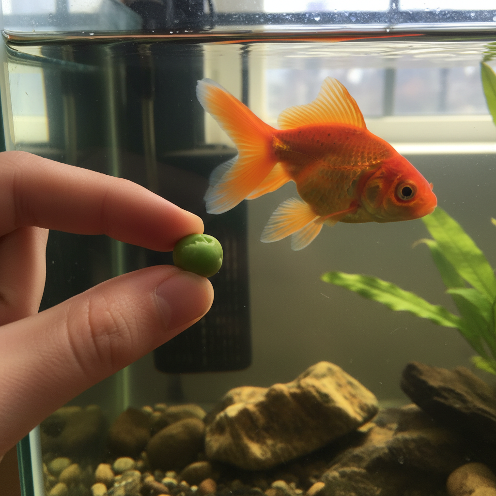 Hand holding a blanched, deshelled pea for a constipated fish