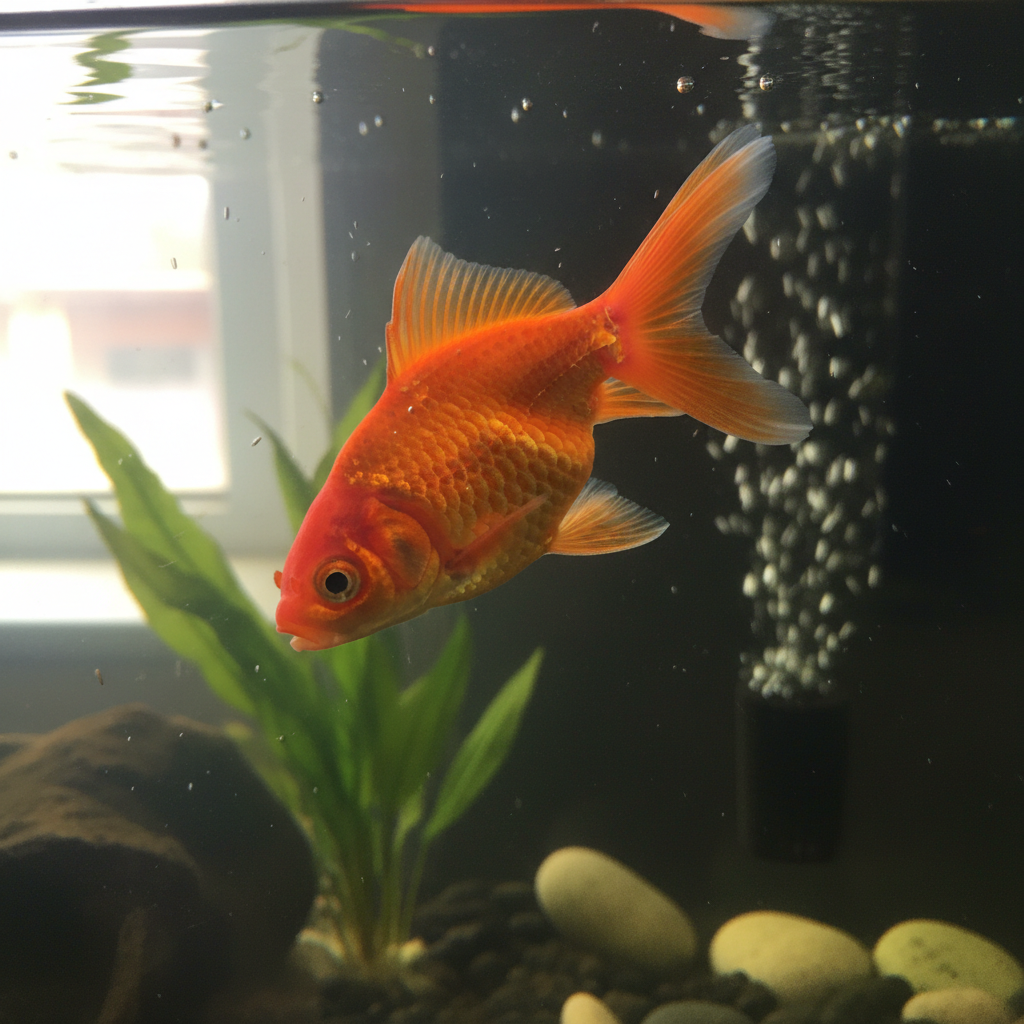 Goldfish swimming sideways in an aquarium, indicating loss of balance
