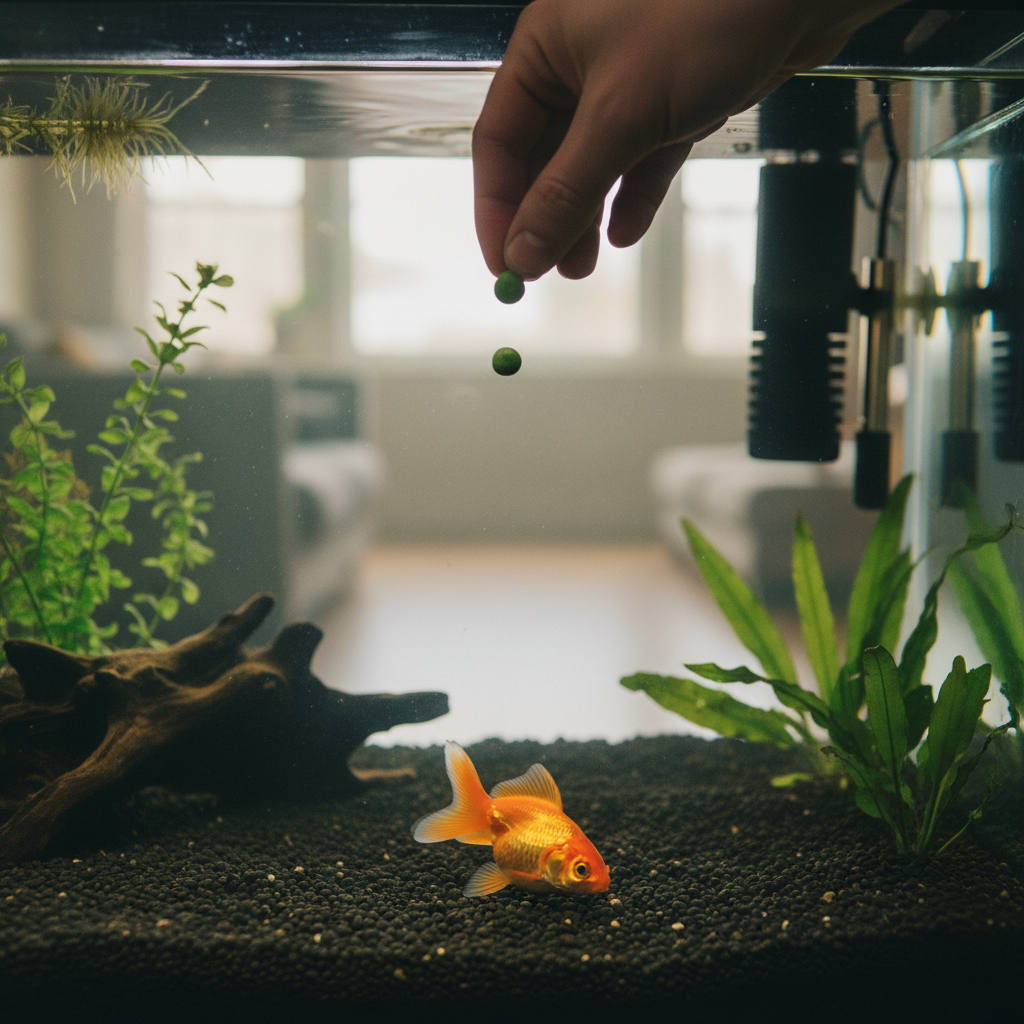 Hand dropping a blanched pea into a fish tank for a constipated fish