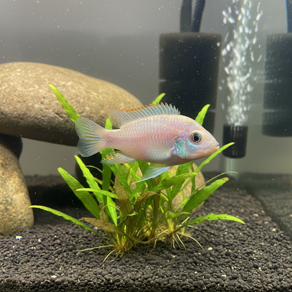 Pale cichlid fish with faded colors in an aquarium, showing signs of stress
