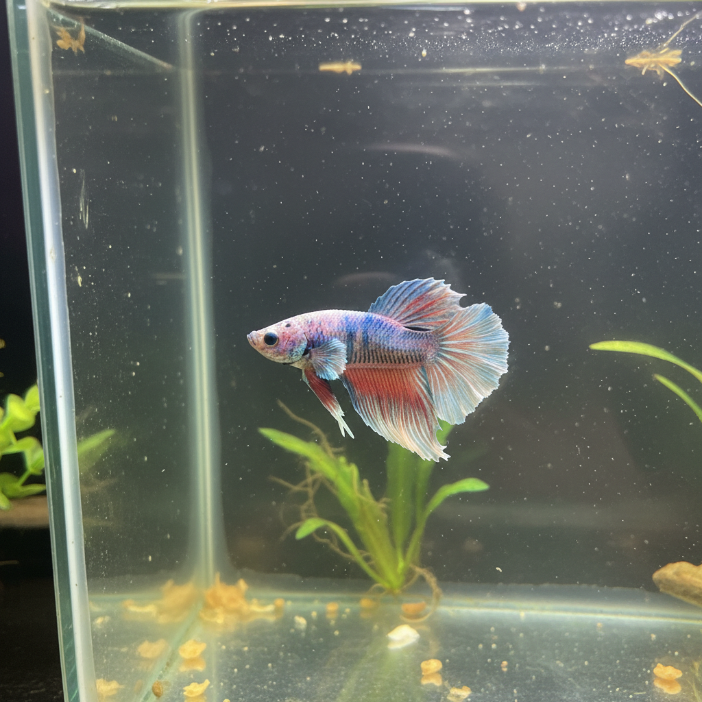 Pale Betta fish with faded colors in an aquarium