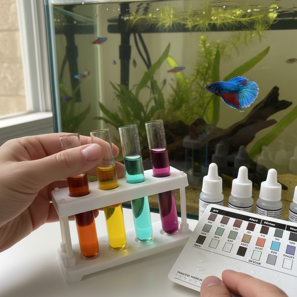 Aquarist testing aquarium water parameters with a liquid test kit
