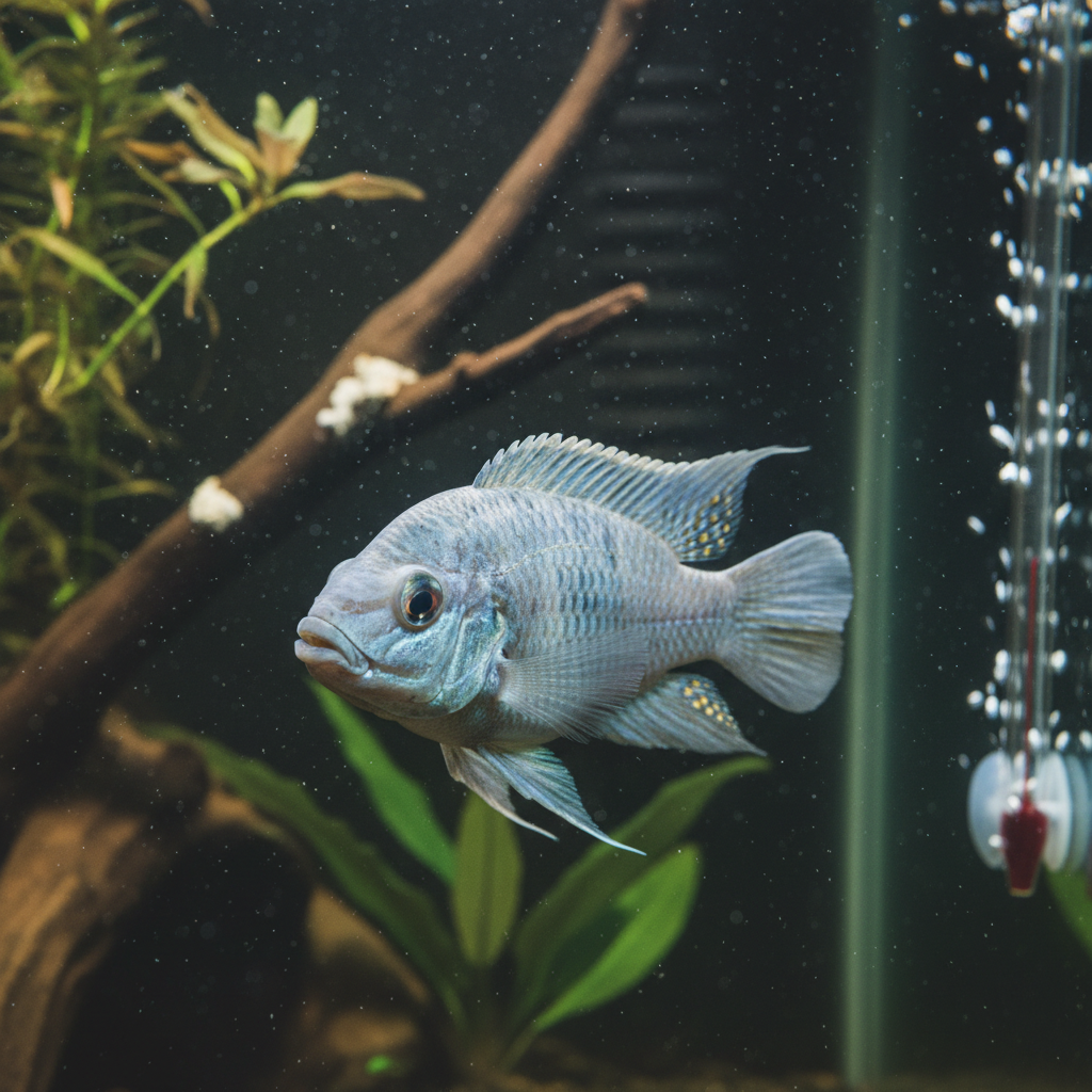 A pale, dull-colored cichlid fish in an aquarium, showing signs of stress and color loss.