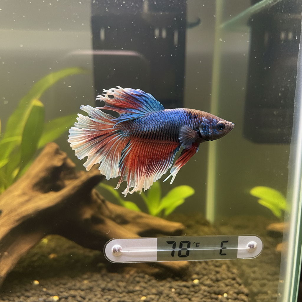 Betta fish with ragged, torn fins, indicating fin rot or fin nipping
