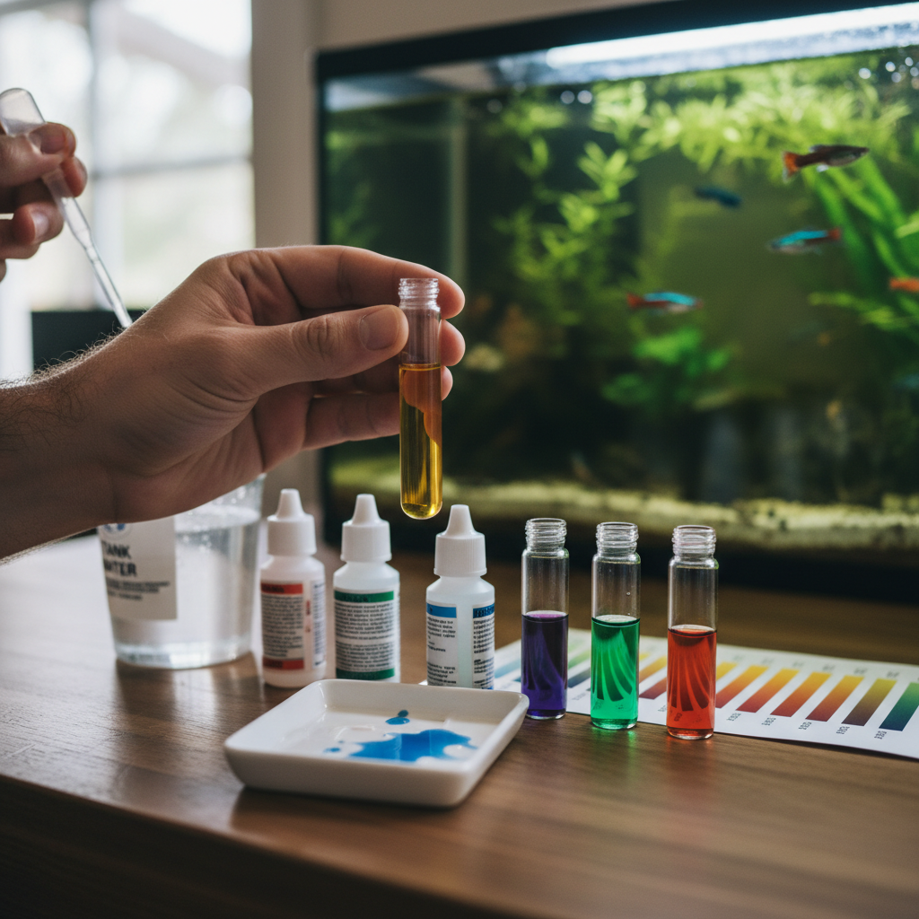 Aquarist performing a liquid water test kit to check aquarium water parameters