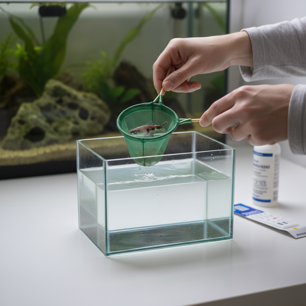 Aquarist gently transferring a fish with a soft net to a quarantine container