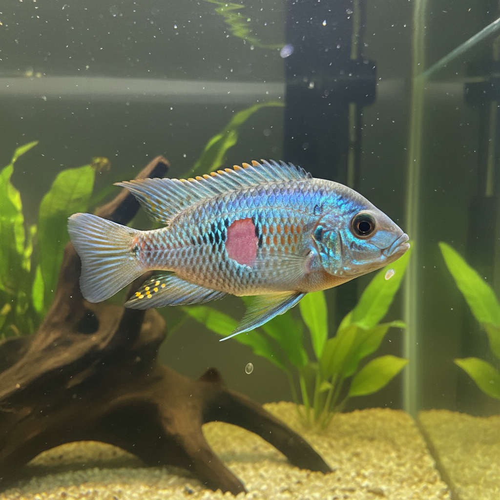 Close-up of a fish with missing scales on its side, showing a red patch