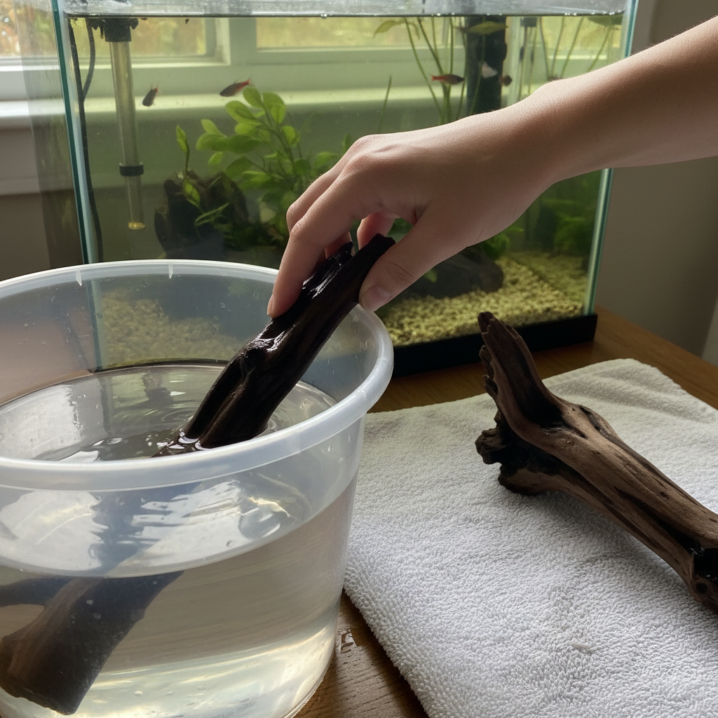 Hand checking aquarium driftwood for sharp edges