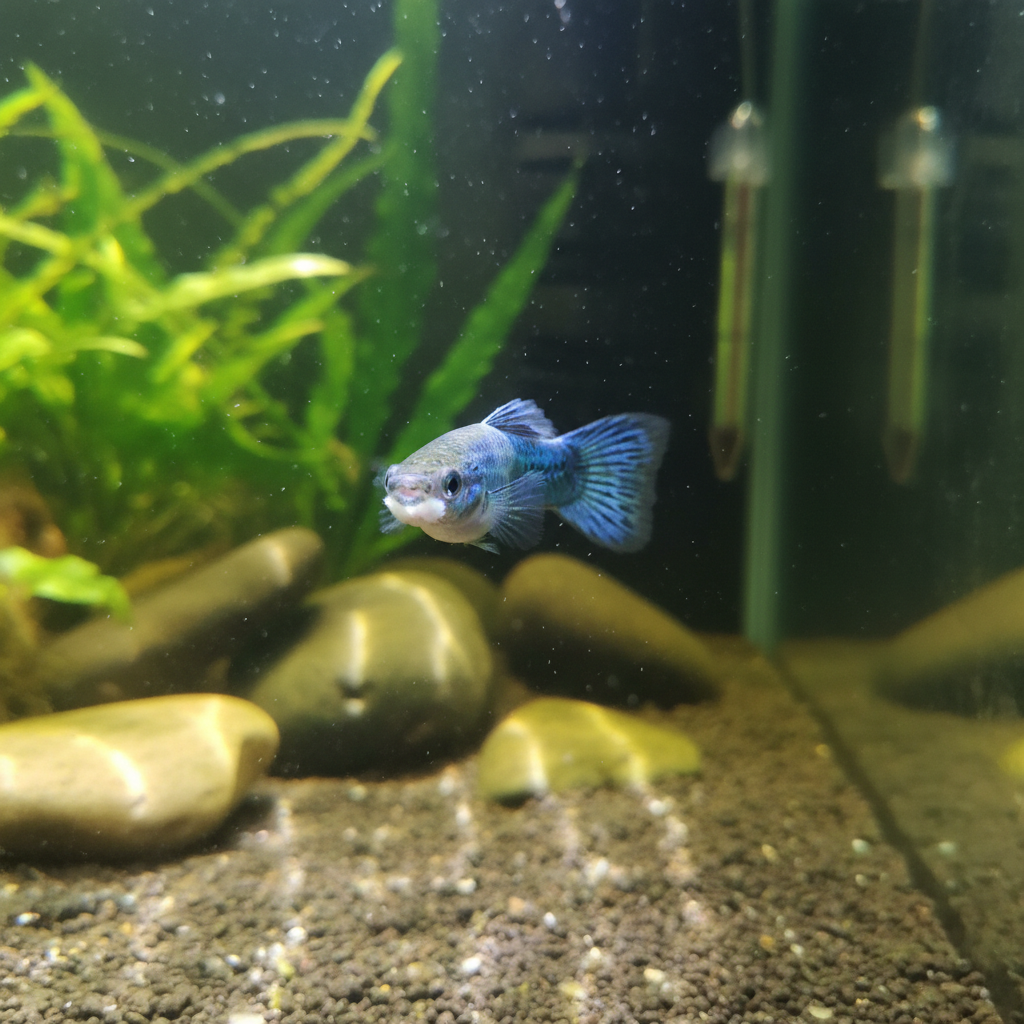 Guppy with a small white fuzzy patch on its mouth, indicating early fish mouth rot
