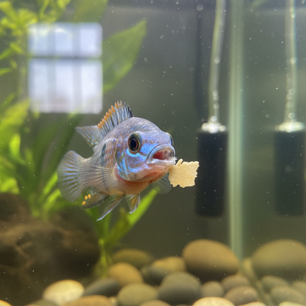 Fish with advanced mouth rot struggling to eat food, showing eroded mouth tissue