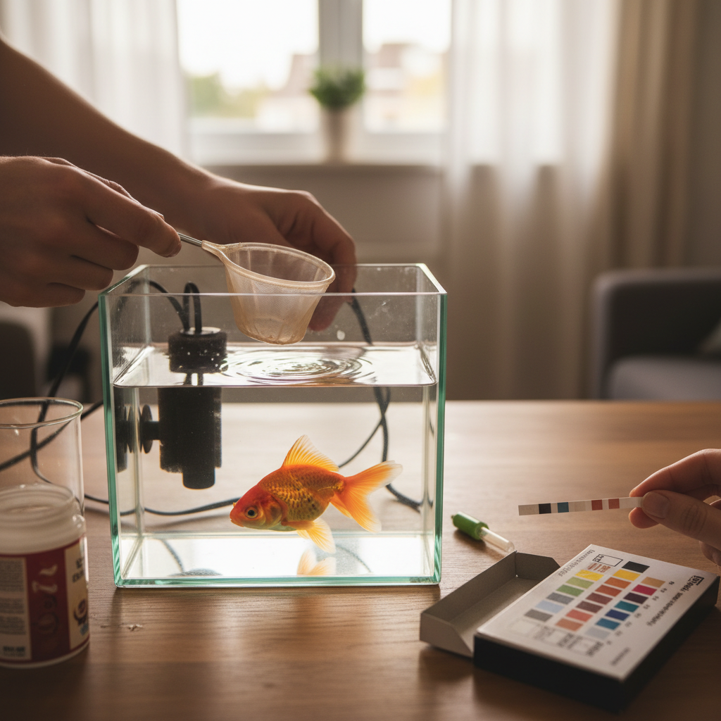 A person's hand holding a water test strip over a small aquarium, checking water quality.
